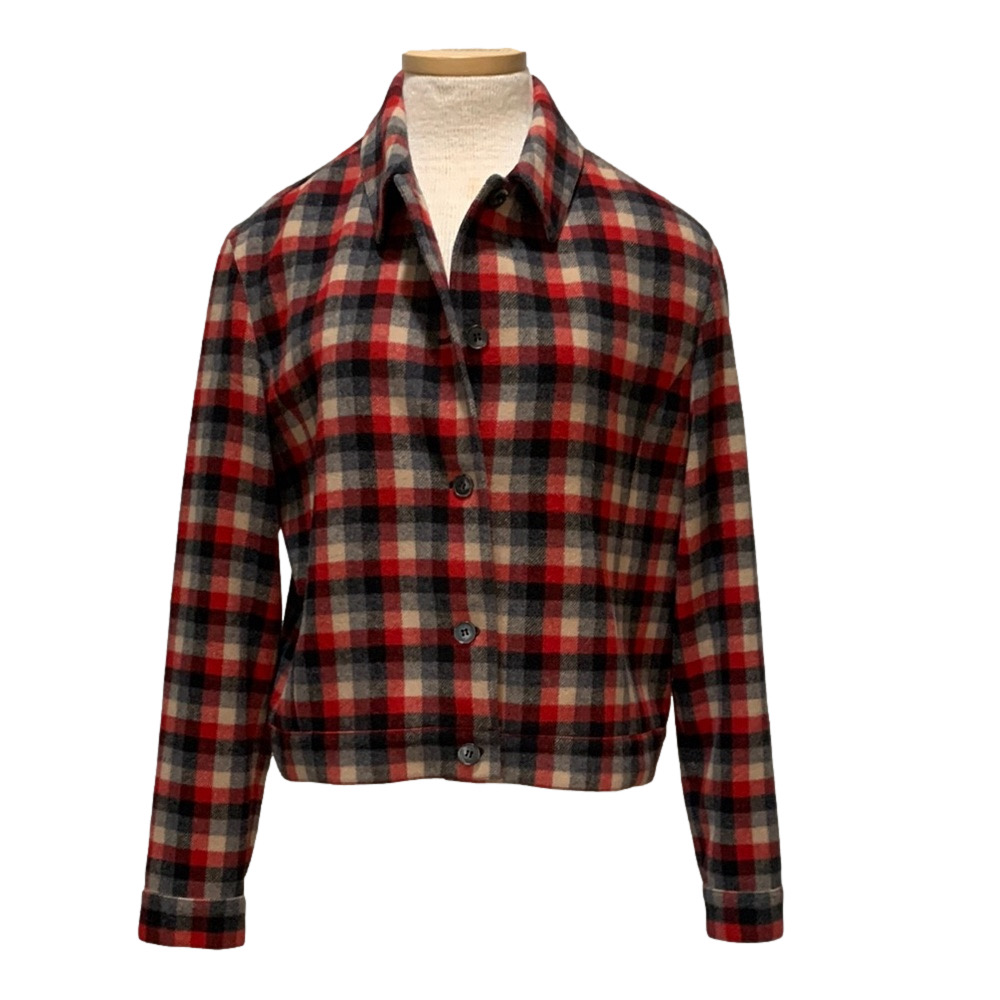 David Brooks sz L red, black, grey, and tan plaid wool jacket